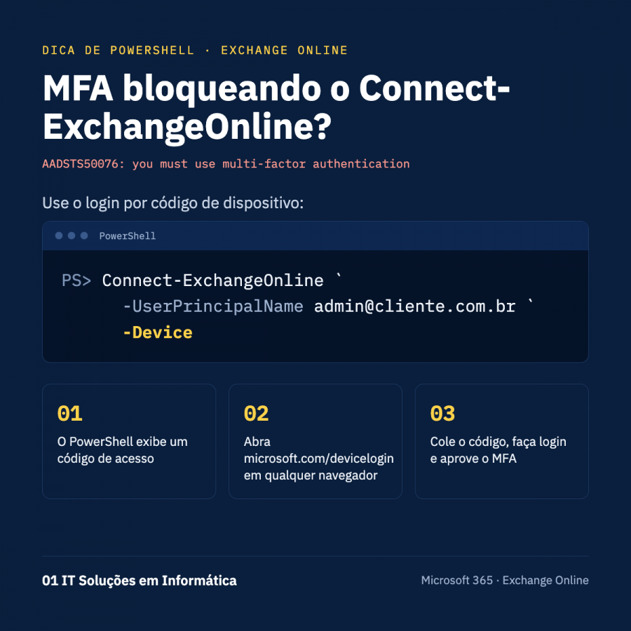 Erro de MFA no Connect-ExchangeOnline? Use o login por código de dispositivo